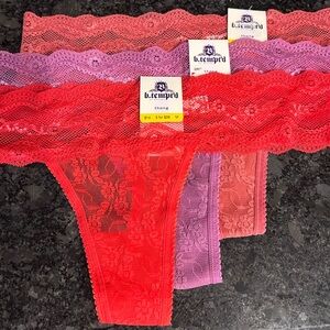 B.Tempted by Wacoal Lace Thong Set of 3 - Red Rose and Purple